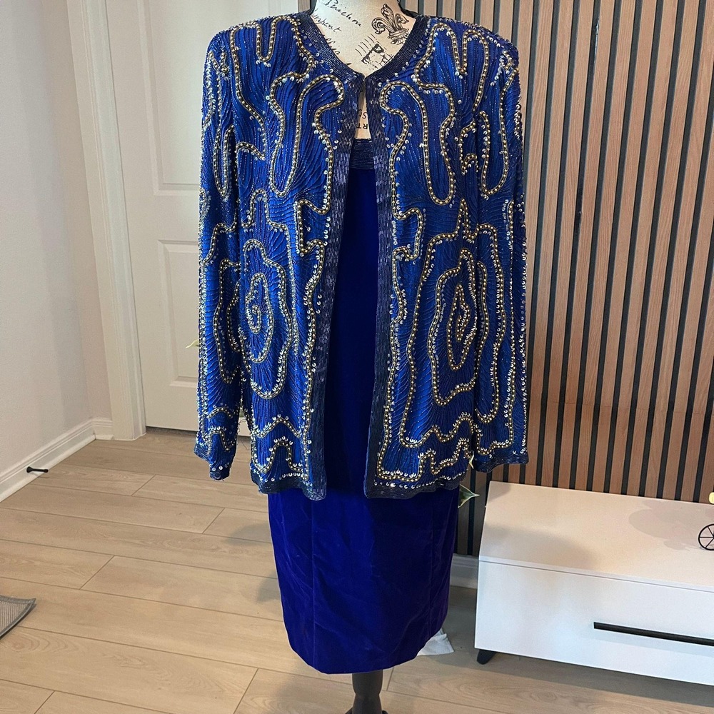 Laurence Kazar New York Royal Blue Gold Beaded‎ Sequin Jacket XL